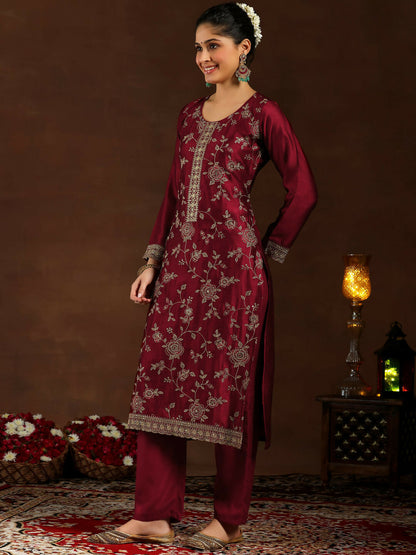 Women's LB Maroon Embroidered Silk Blend Straight Suit With Dupatta