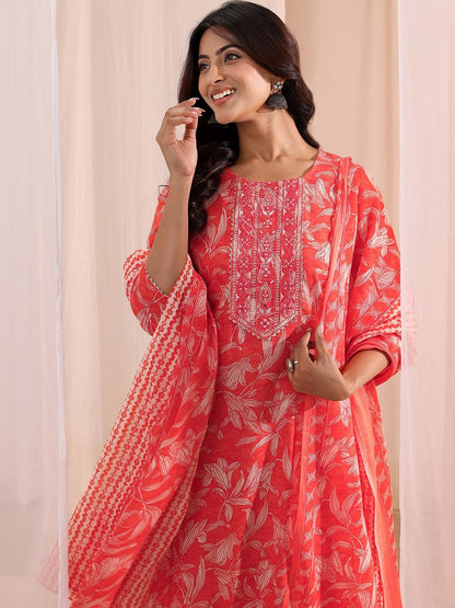 Women Floral Printed Regular Thread Work Kurta with Trousers & With Dupatta