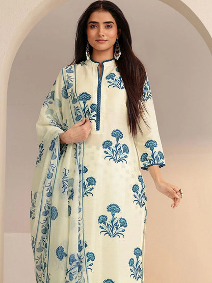 Cream Floral Printed Straight Cotton Blend Suit Set