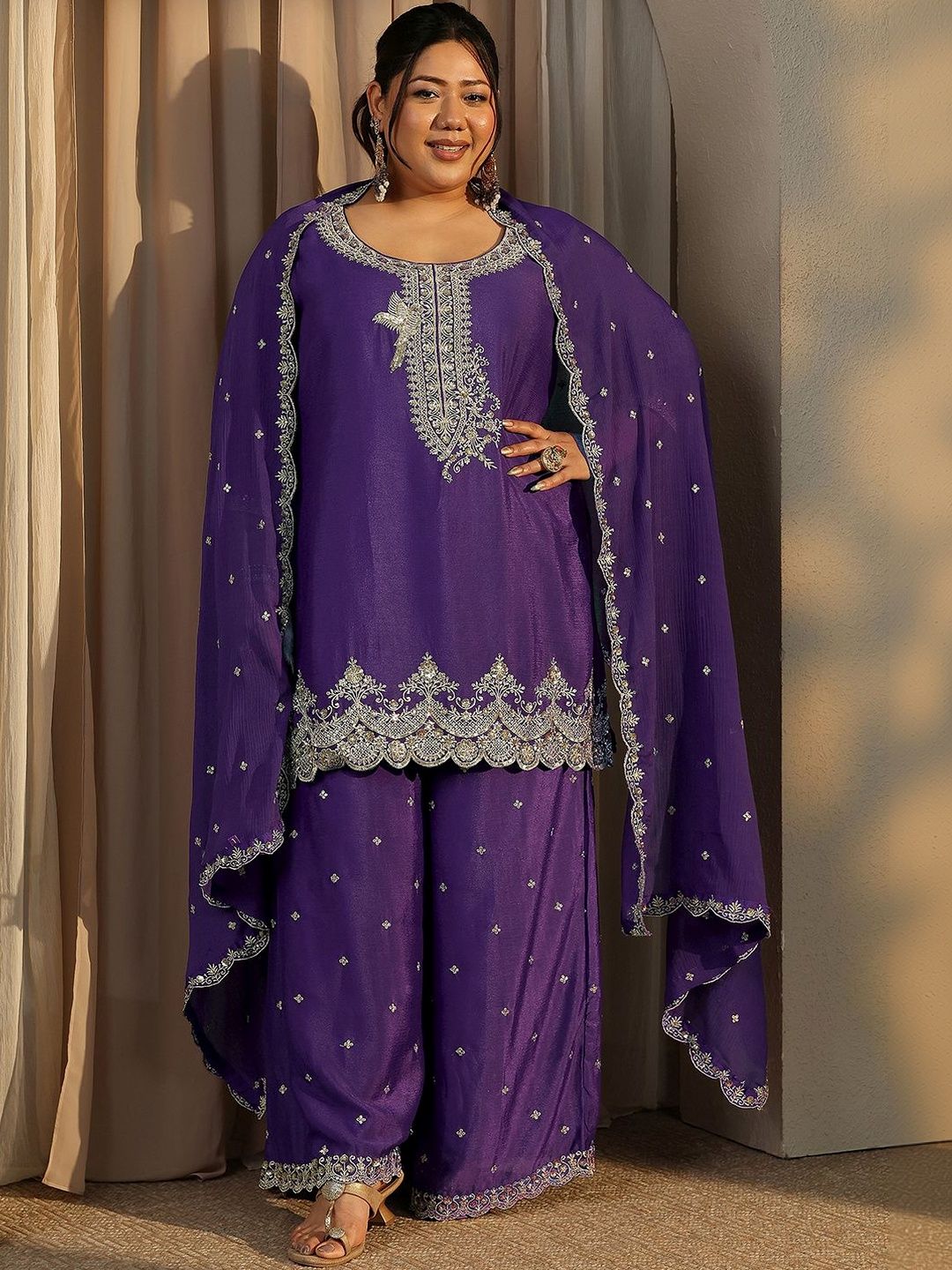 Dhiyona Women's Plus Size Ethnic Motifs Embroidered Kurta with Palazzo & Dupatta