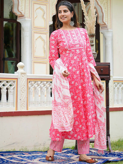 Dhiyona KL Floral Printed Pure Cotton Anarkali Kurta With Trouser And Dupatta