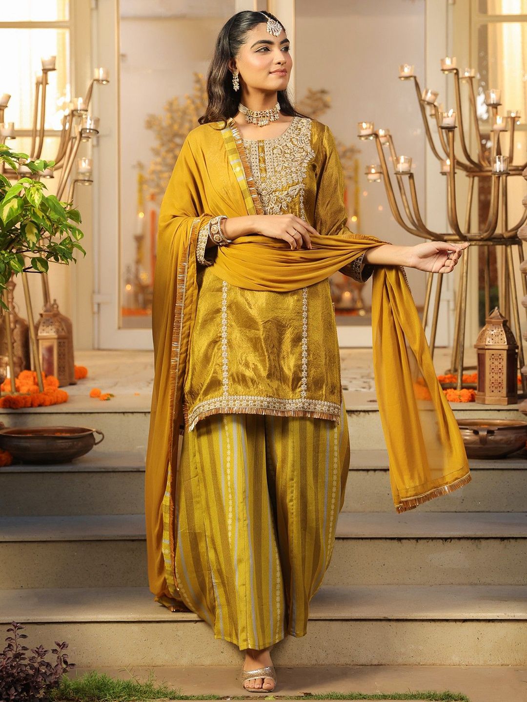Dhiyona SC Women Ethnic Motifs Embroidered Kurta with Sharara & Dupatta