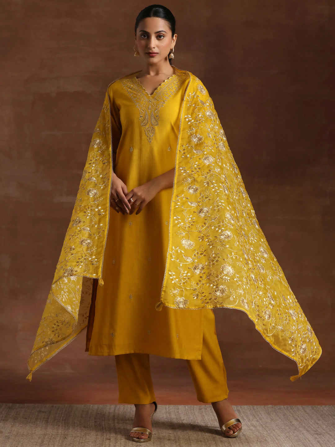 Women's LB Mustard Embroidered Silk Blend Straight Suit With Dupatta