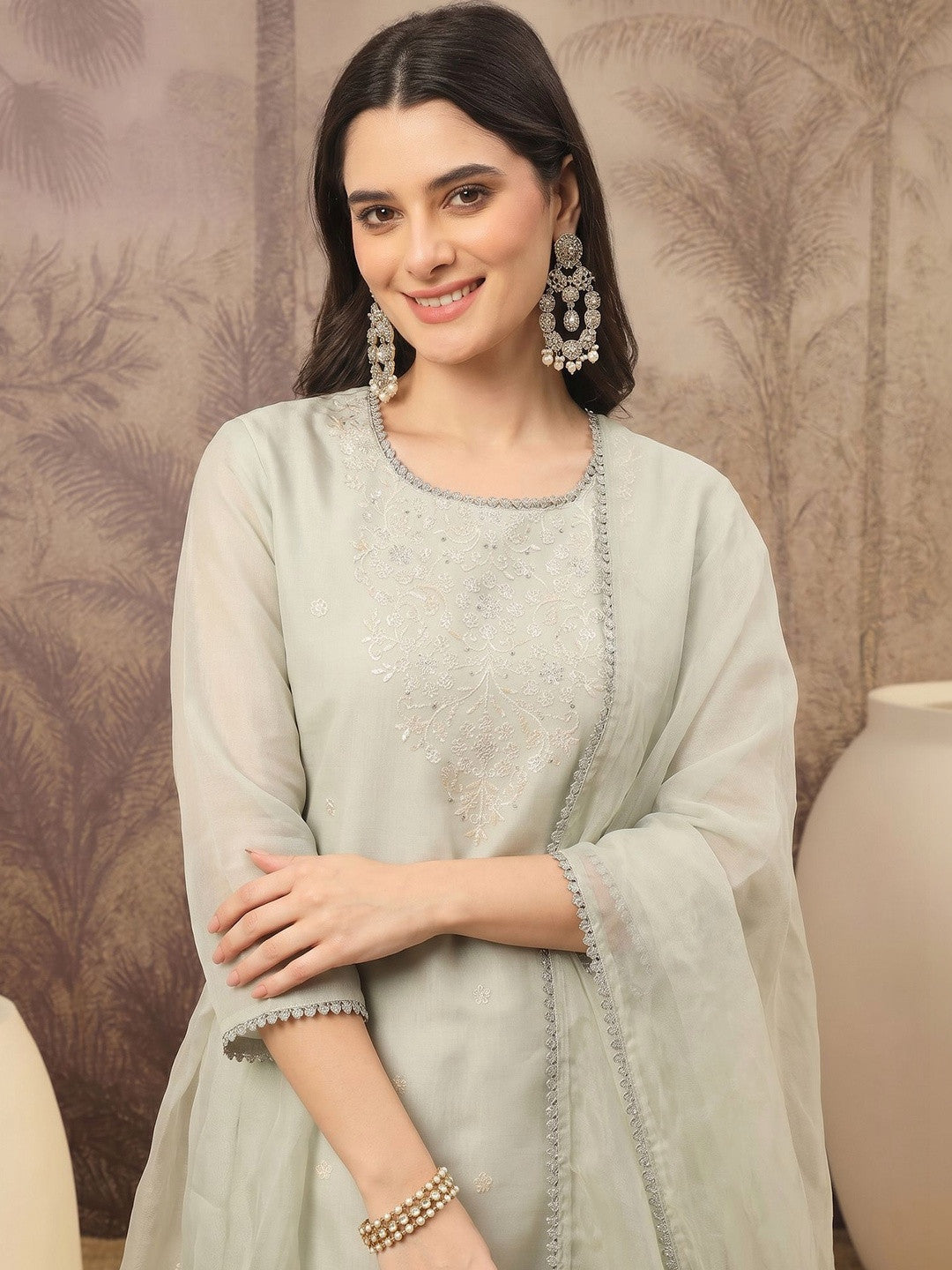 Embroidered Silk Blend Round Neck Kurta & Trousers With Dupatta