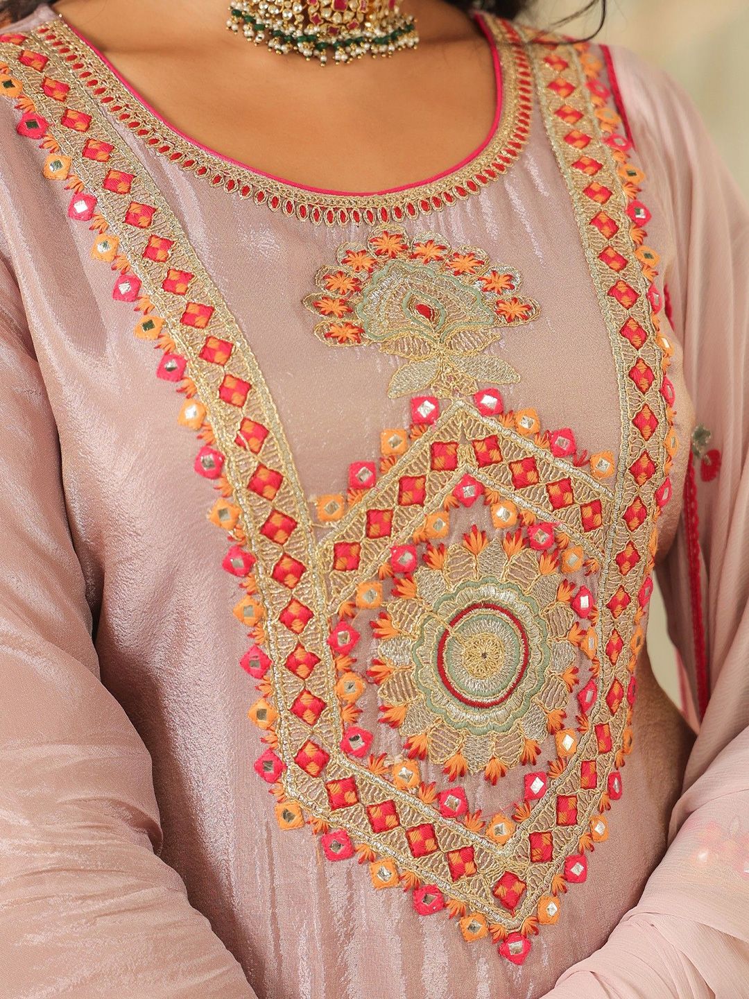 Dhiyona SC Women Geometric Embroidered Shimmer Tissue Sharara Kurta & Sharara With Dupatta