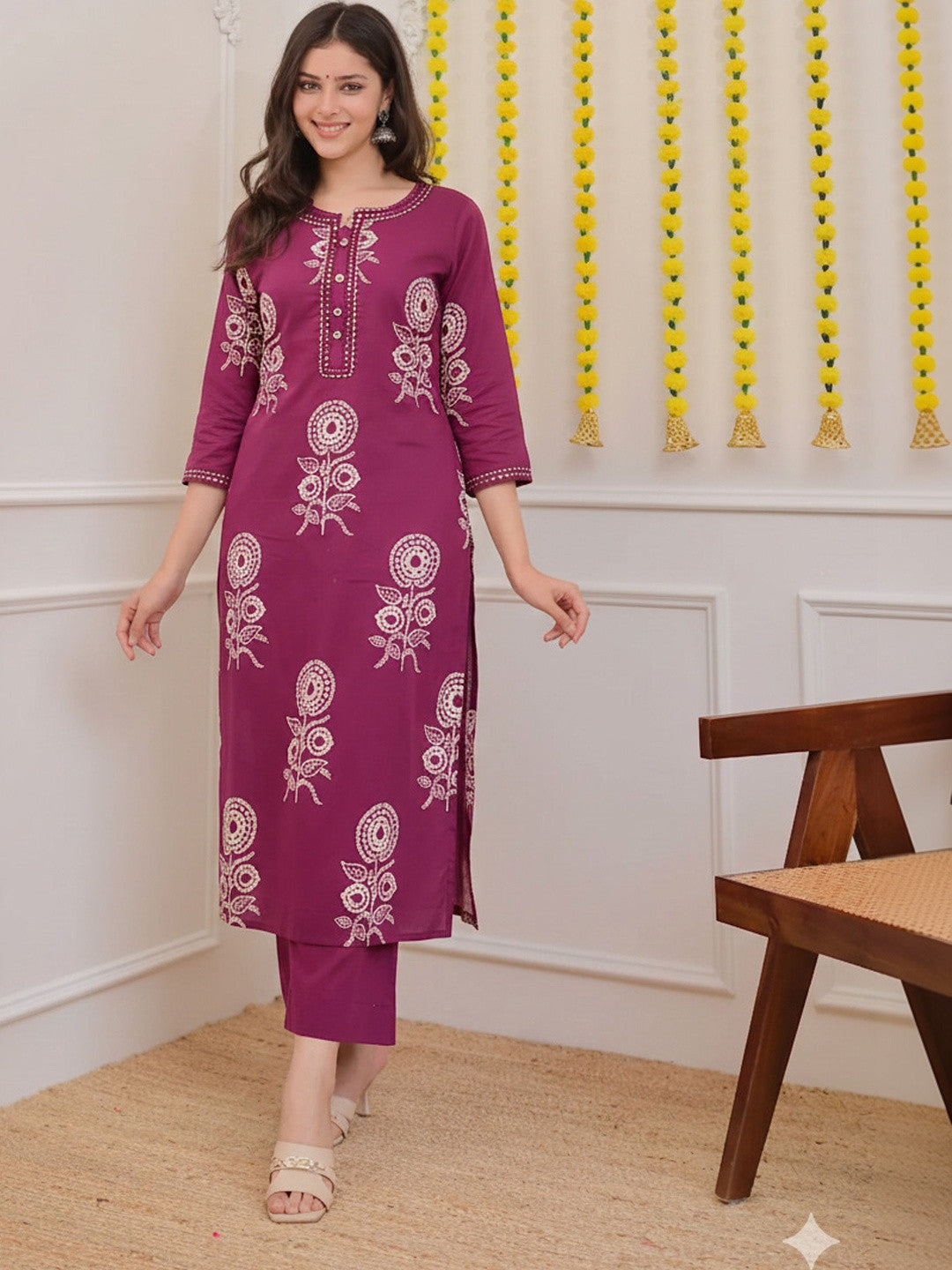 Women Ethnic Motifs Printed Regular Mirror Work Pure Cotton Kurta with Palazzos