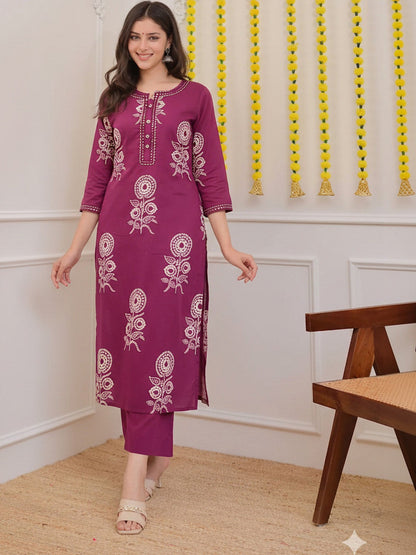 Women Ethnic Motifs Printed Regular Mirror Work Pure Cotton Kurta with Palazzos