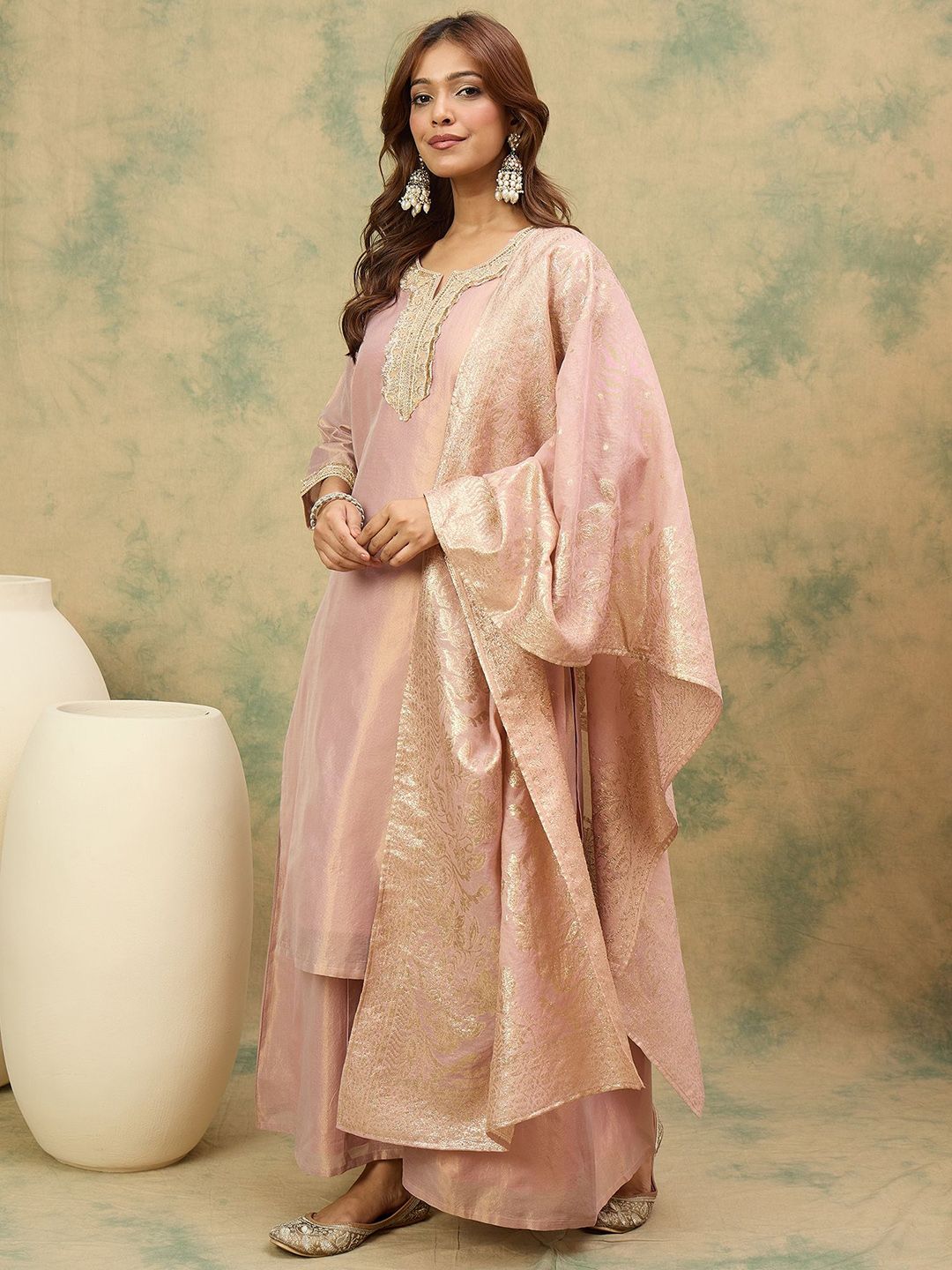 Dhiyona VA Women's Ethnic Motifs Yoke Design Top with Palazzo & Dupatta