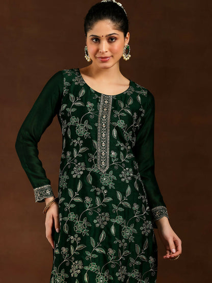 Women's LB Green Embroidered Silk Blend Straight Suit With Dupatta