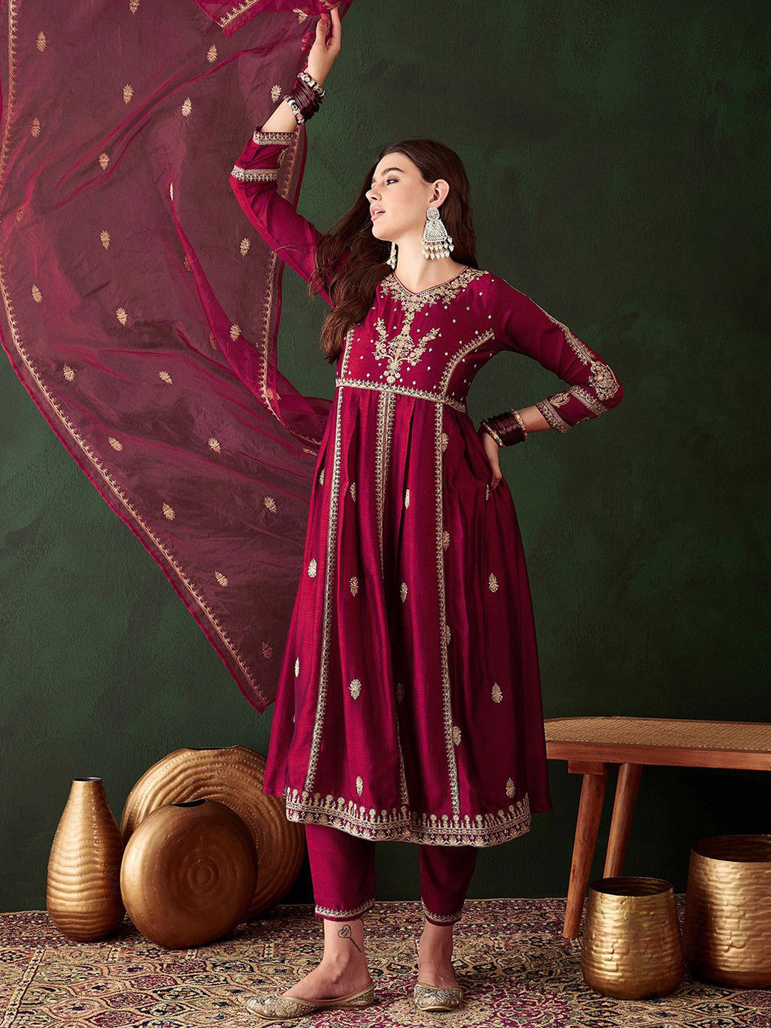 Women Embroidered A-Line Kurta Trousers & Dupatta