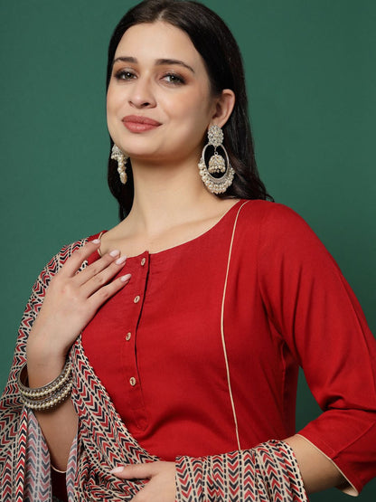 Panelled Straight Kurta & Trouser With Printed Dupatta