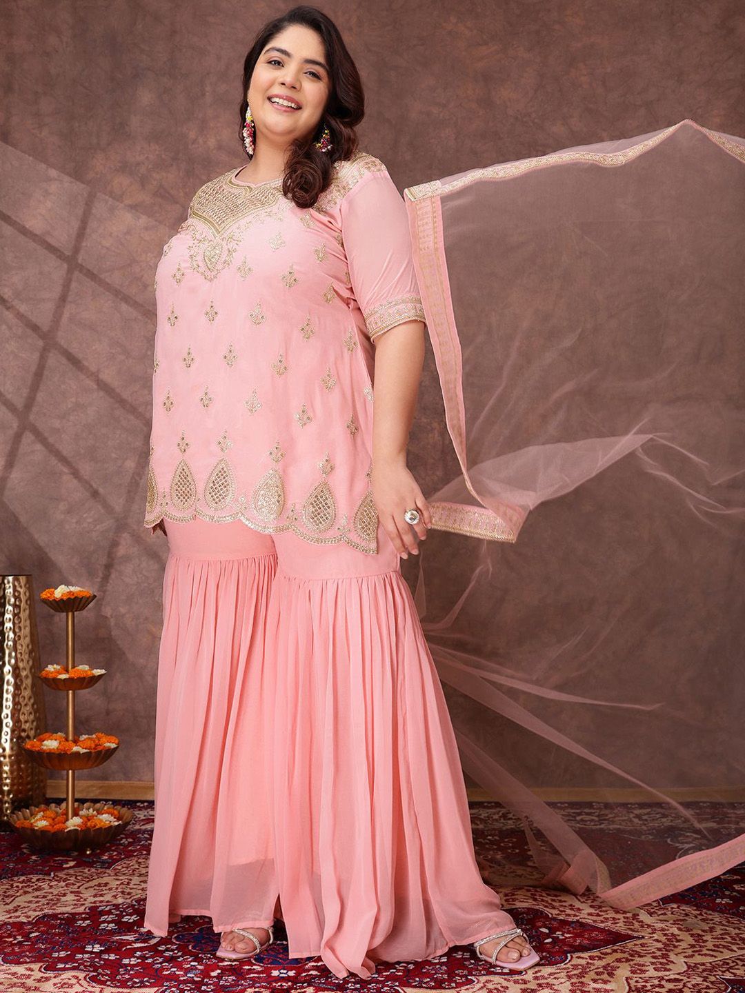 Dhiyona IN Women Ethnic Motifs Embroidered Regular Kurta & Sharara With Dupatta