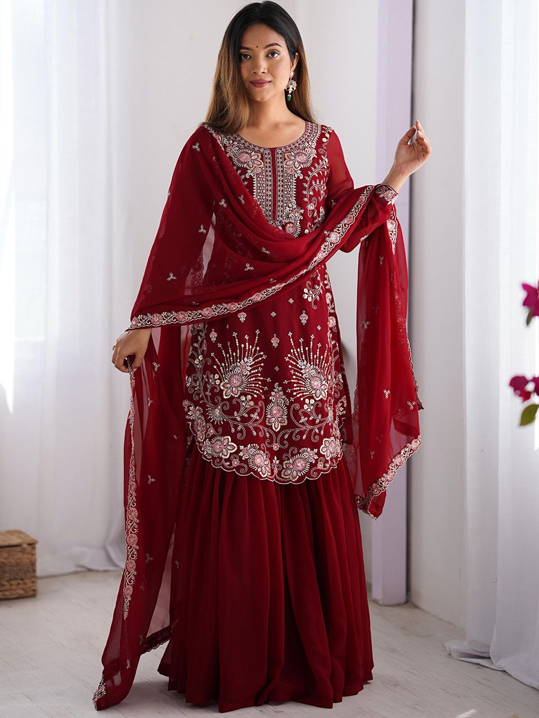Dhiyona KL Ethnic Motifs Embroidered Sequinned Straight Kurta With Sharara And Dupatta