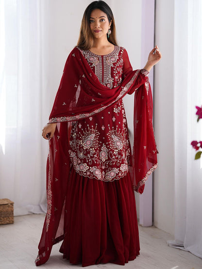 Dhiyona KL Ethnic Motifs Embroidered Sequinned Straight Kurta With Sharara And Dupatta