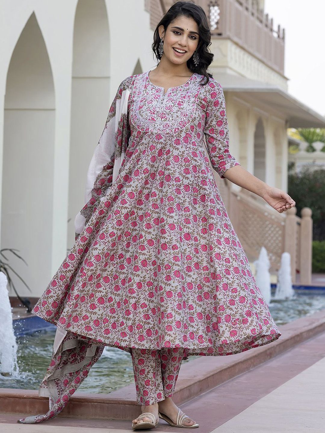 Dhiyona KL Floral Printed Mirror Work Anarkali Pure Cotton Kurta With Trousers & Dupatta