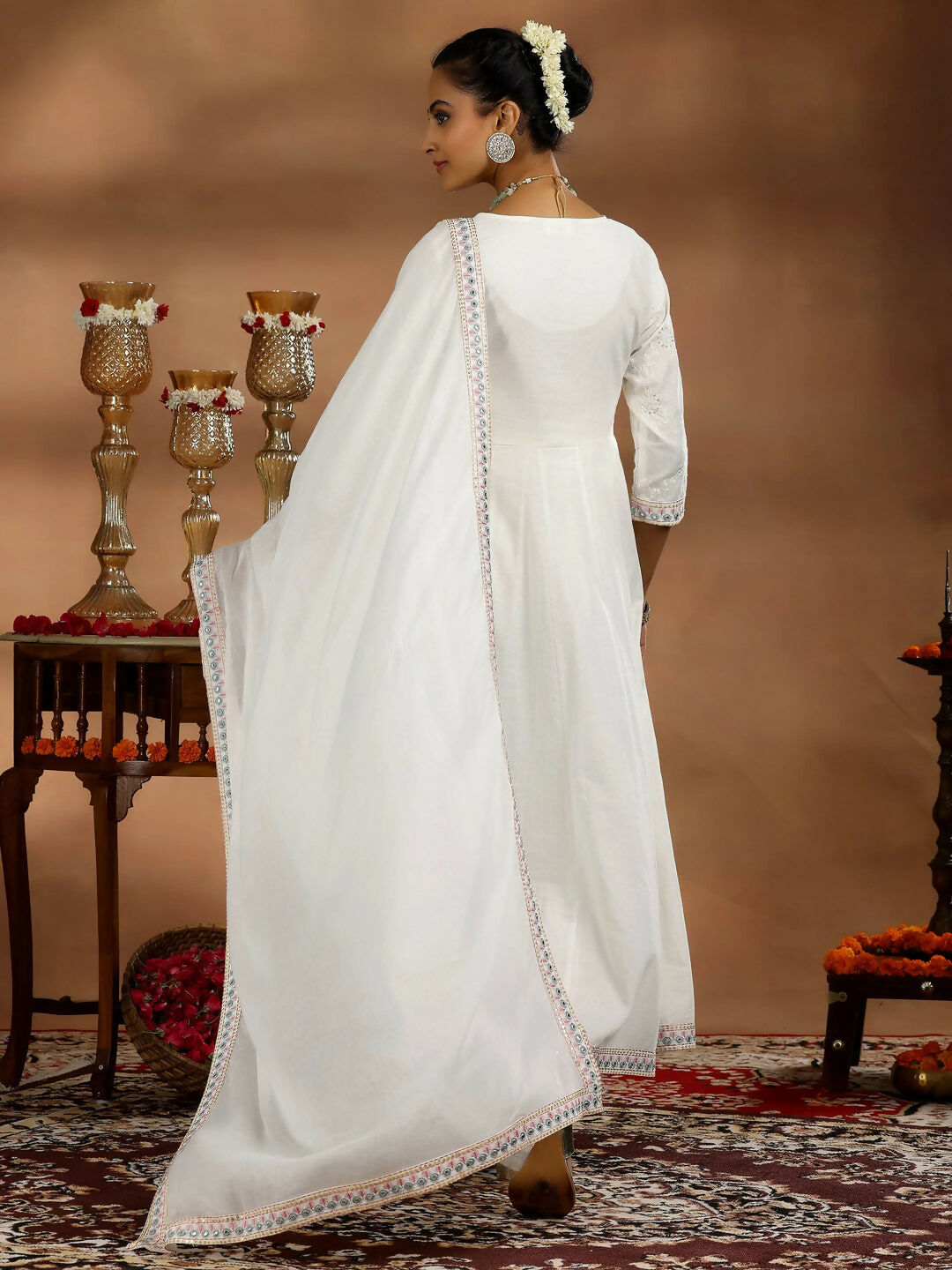 Women's LB White Embroidered Cotton A-Line Kurta With Trousers & Dupatta