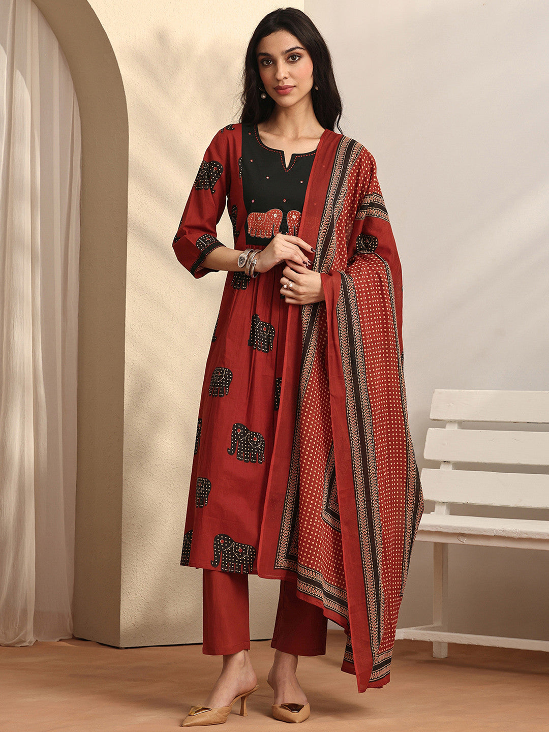 Rust Ethnic Printed Cotton Straight Suit Set with Dupatta