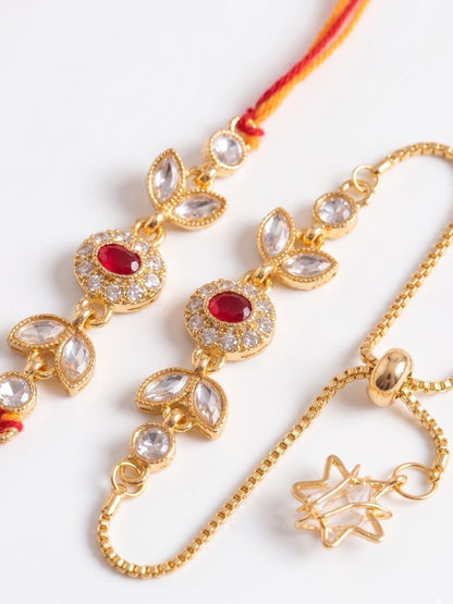 Dhiyona Set Of 2 Kundan Studded Gold Toned Bhaiya Bhabhi Rakhi