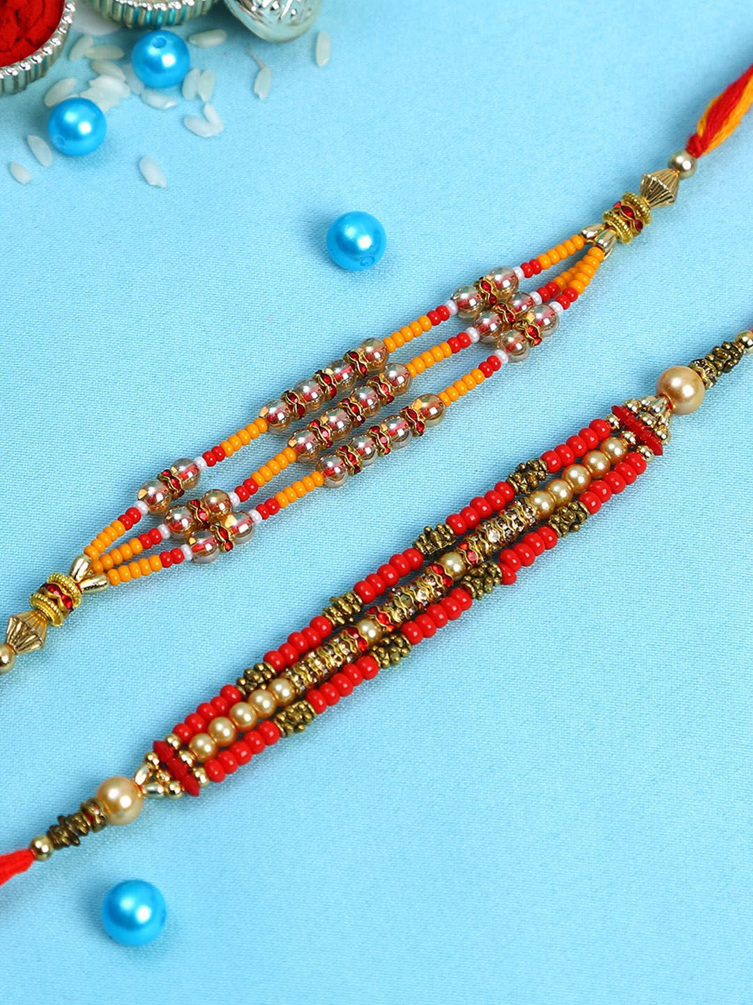 Dhiyona Set Of 2 Red Beaded Rakhi With Roli Rice & Greeting Card