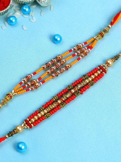 Dhiyona Set Of 2 Red Beaded Rakhi With Roli Rice & Greeting Card