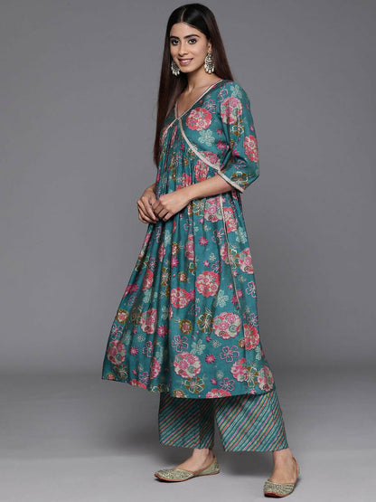 Women's LB Blue Printed Silk Blend A-Line Kurta With Palazzos & Dupatta