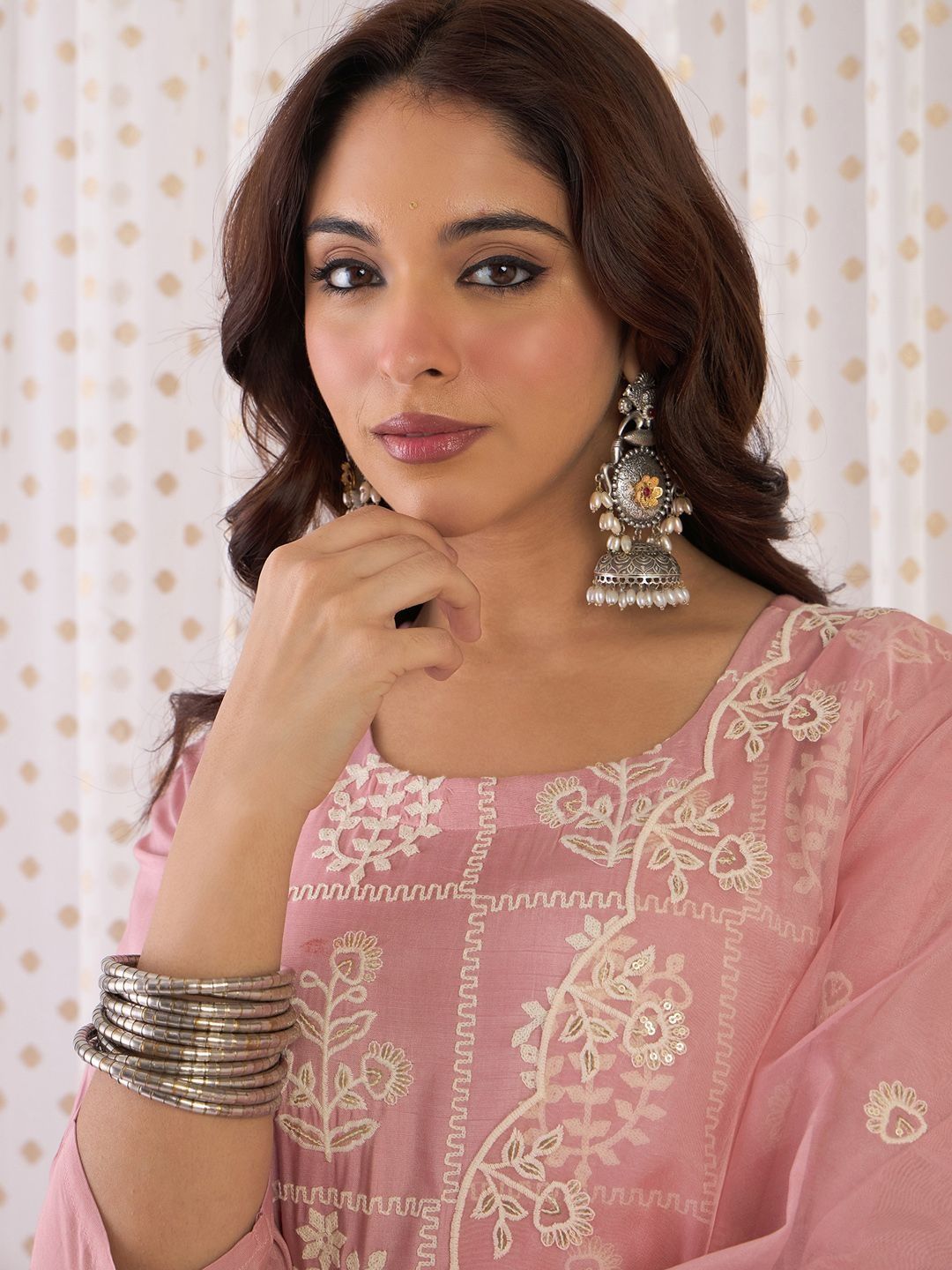 Ethnic Motifs Embroidered Regular Thread Work Kurta With Trouser And Dupatta