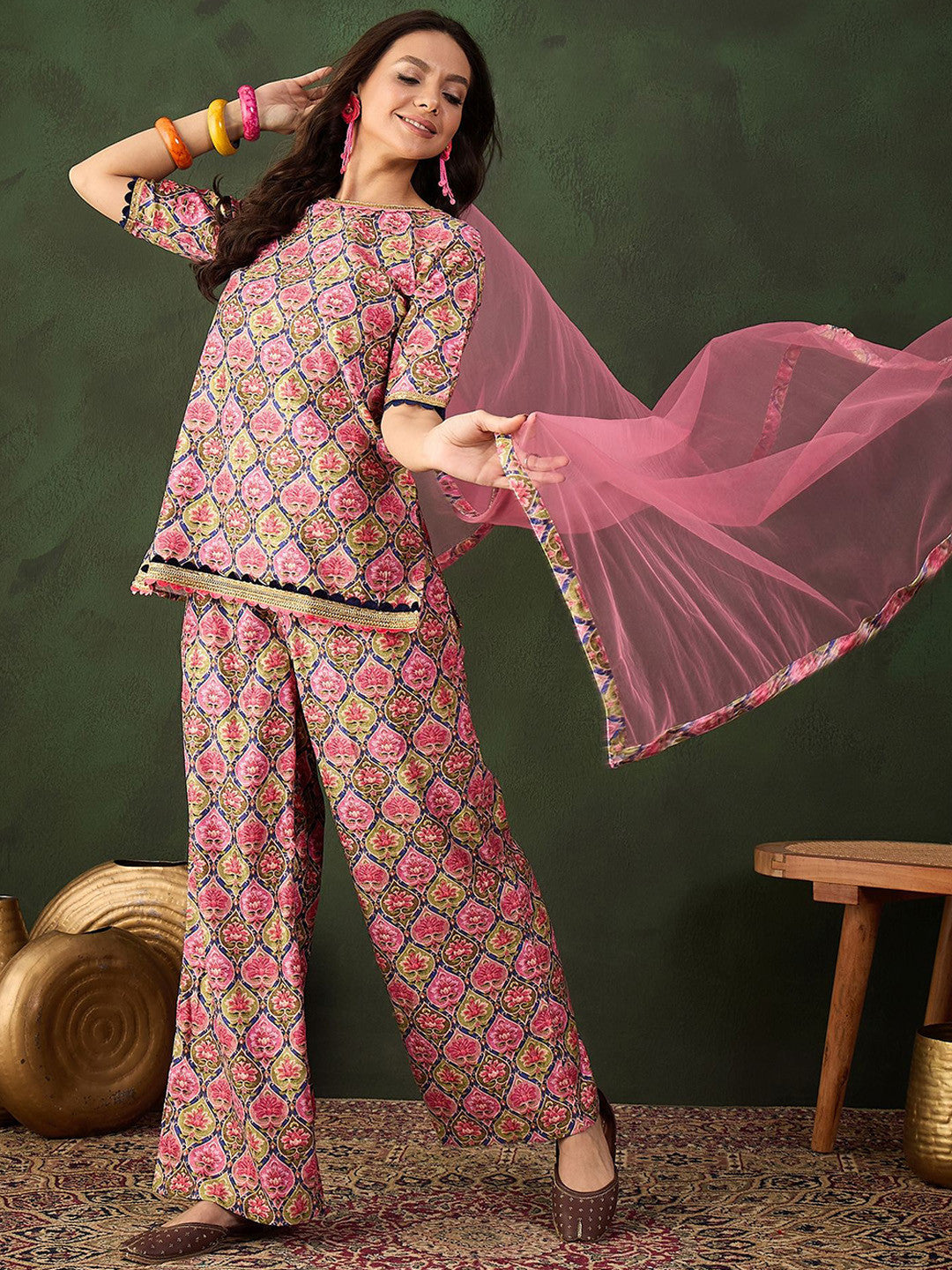 Printed Straight Kurta & Trouser With Dupatta
