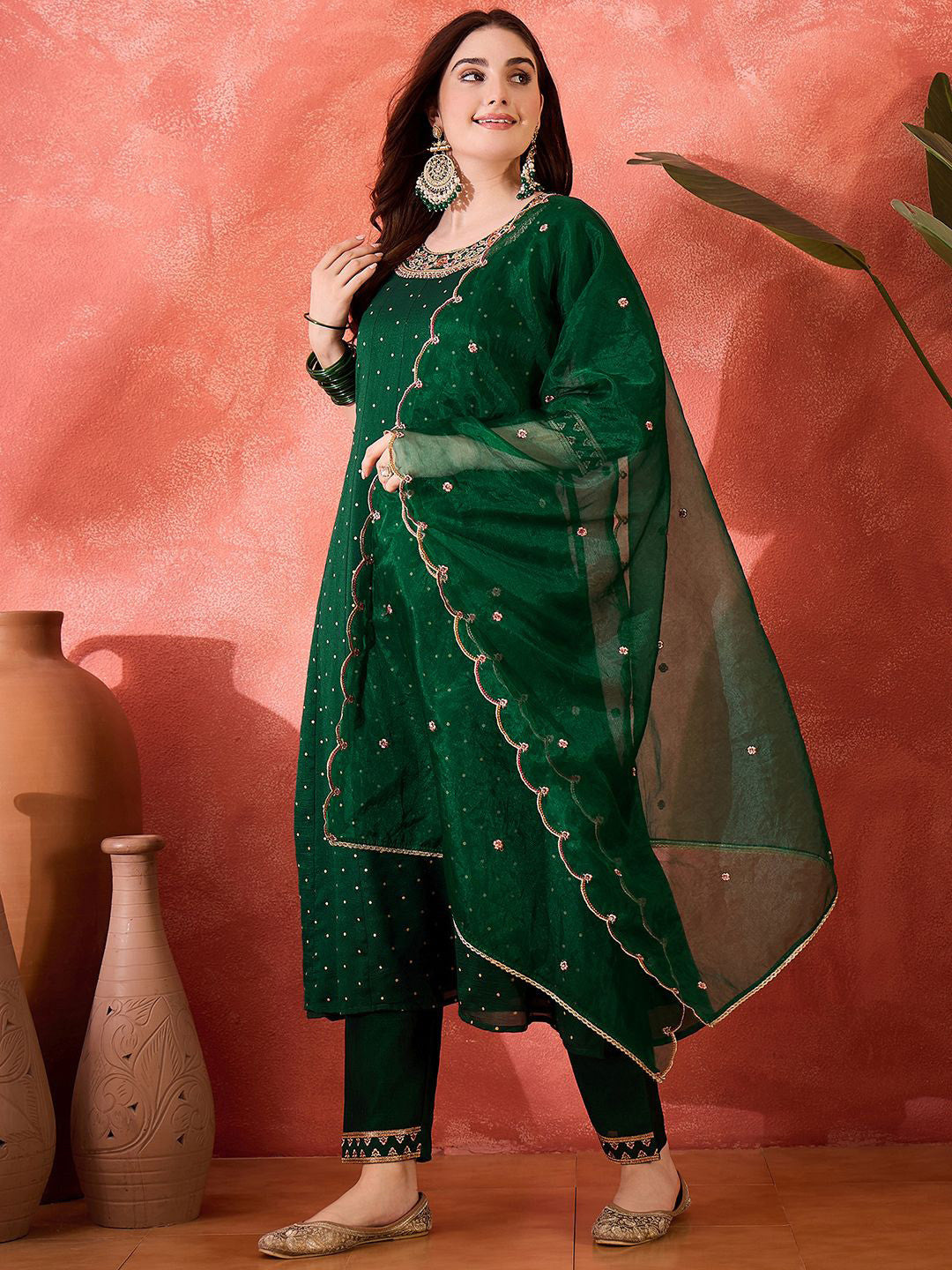 Floral Embroidered Zari Work Round Neck A-Line Kurta With Trousers And Dupatta