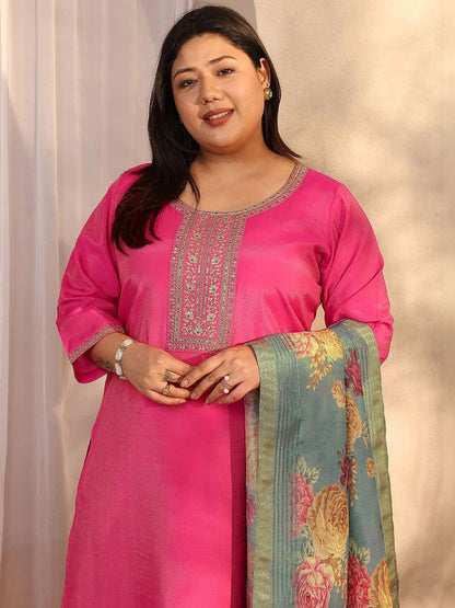 Dhiyona Women's Plus Size Floral Embroidered Kurta with Trousers & With Dupatta