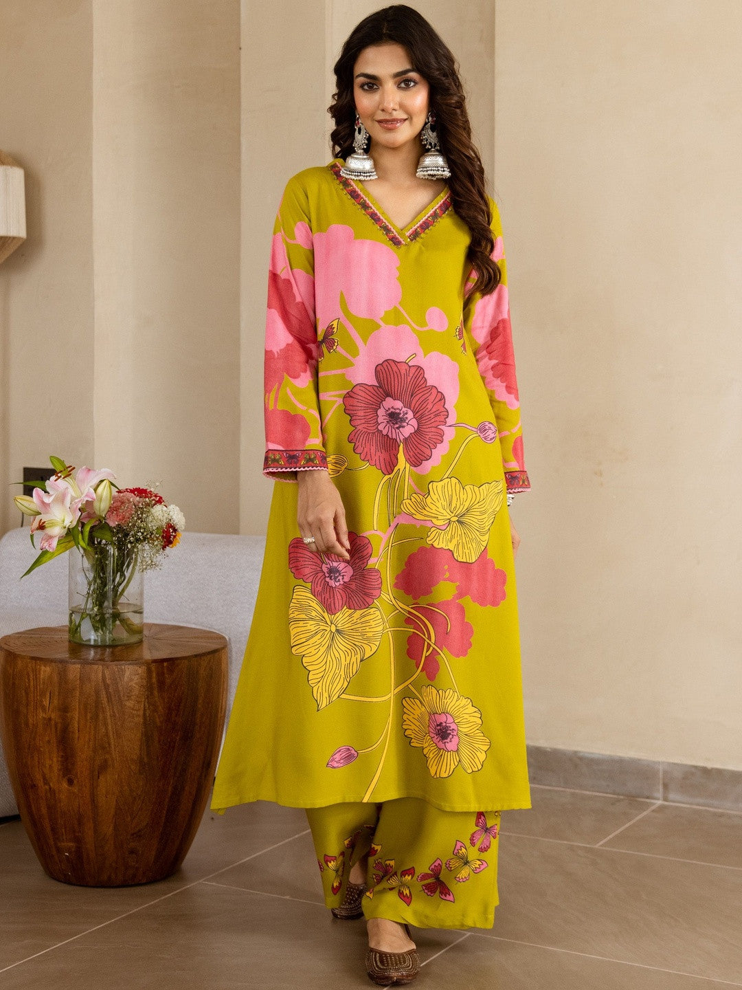 Floral Printed V-Neck Sequinned A-Line Kurta With Palazzo
