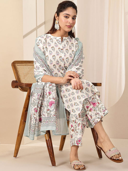 Floral Printed Notch Neck Straight Kurta With Trousers & Dupatta