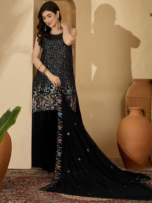 Dhiyona SN Embroidered Sequence Kurta With Palazzos & Dupatta
