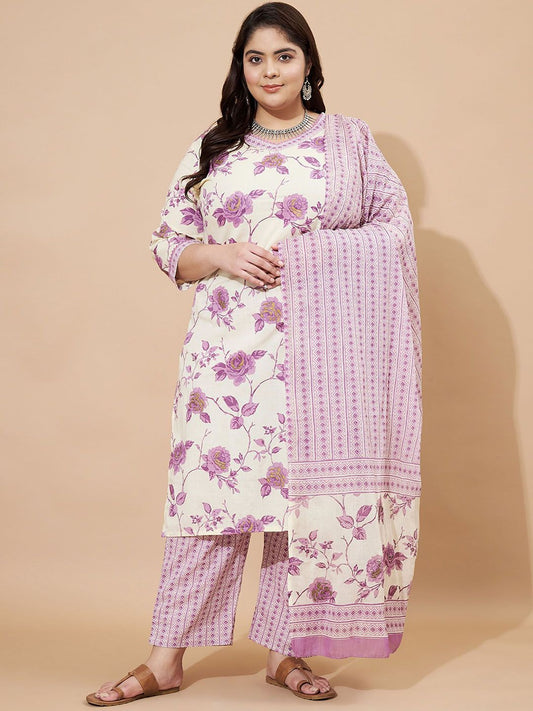 Dhiyona KL Floral Printed Pure Cotton Straight Kurta With Trousers & Dupatta