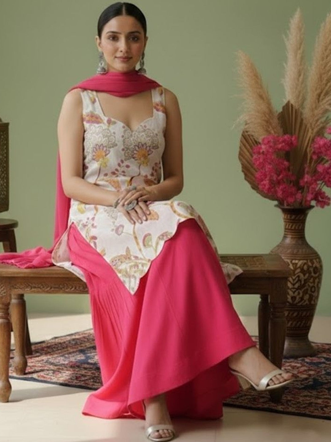 Printed Pure Cotton Sweetheart Neck Kurta & Sharara With Dupatta