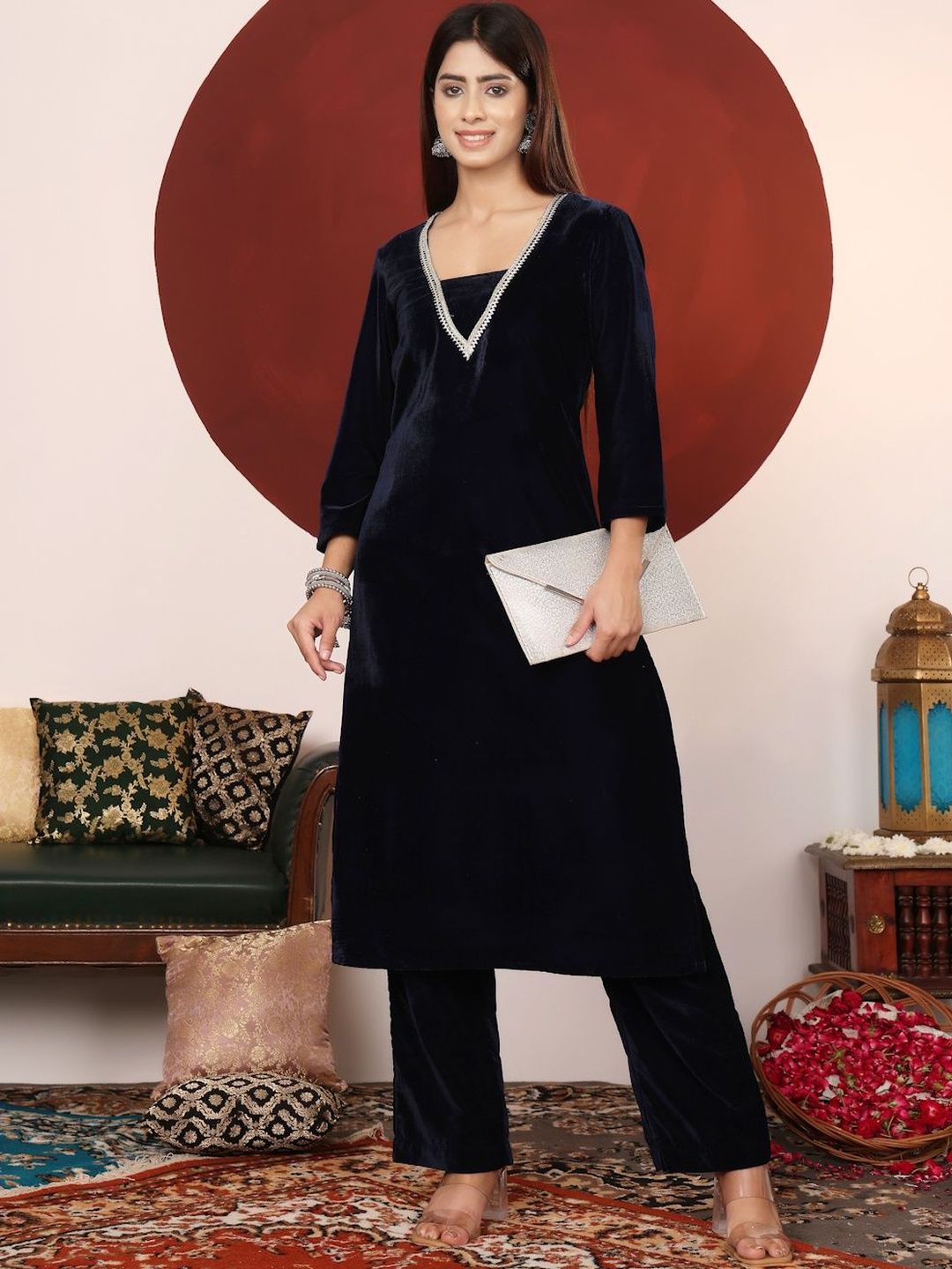 Navy Blue Women Regular Gotta Patti Velvet Kurta with Trousers