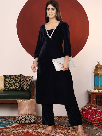 Navy Blue Women Regular Gotta Patti Velvet Kurta with Trousers