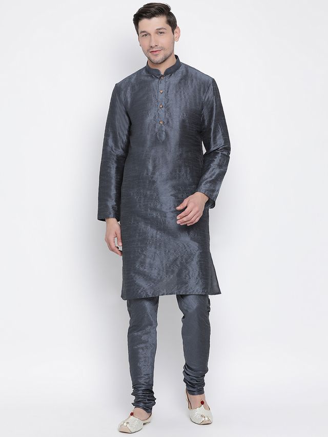 Men's Grey Silk Blend Straight Kurta Pyjama Set