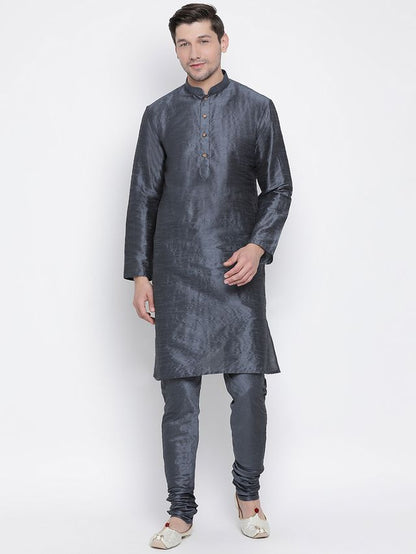 Men's Grey Silk Blend Straight Kurta Pyjama Set