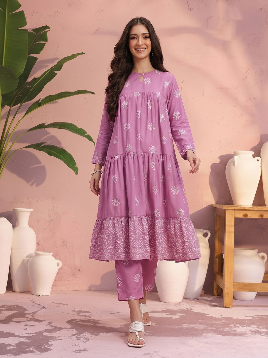 Ethnic Motif Printed Tiered Pleated Anarkali Kurta with Trouser