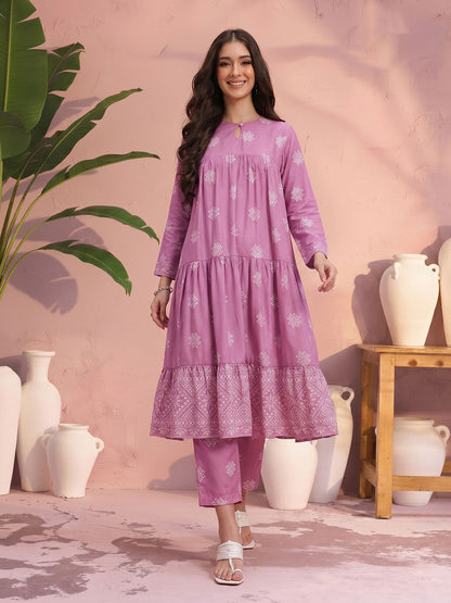 Ethnic Motif Printed Tiered Pleated Anarkali Kurta with Trouser