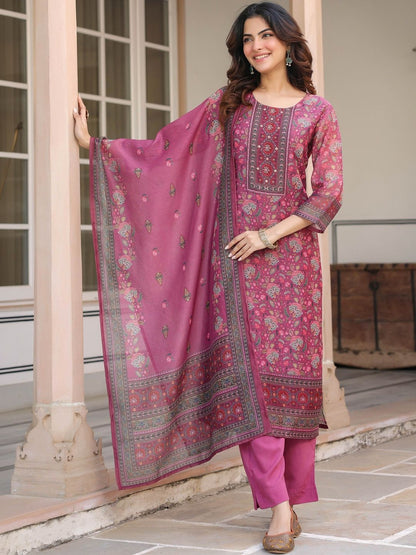 Dhiyona RR Women's Ethnic Motifs Printed Regular Sequinned Chanderi Cotton Kurta with Trousers & With