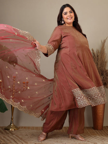 Dhiyona IN Plus Size Floral Embroidered Sequinned Kurta with Palazzos & Dupatta