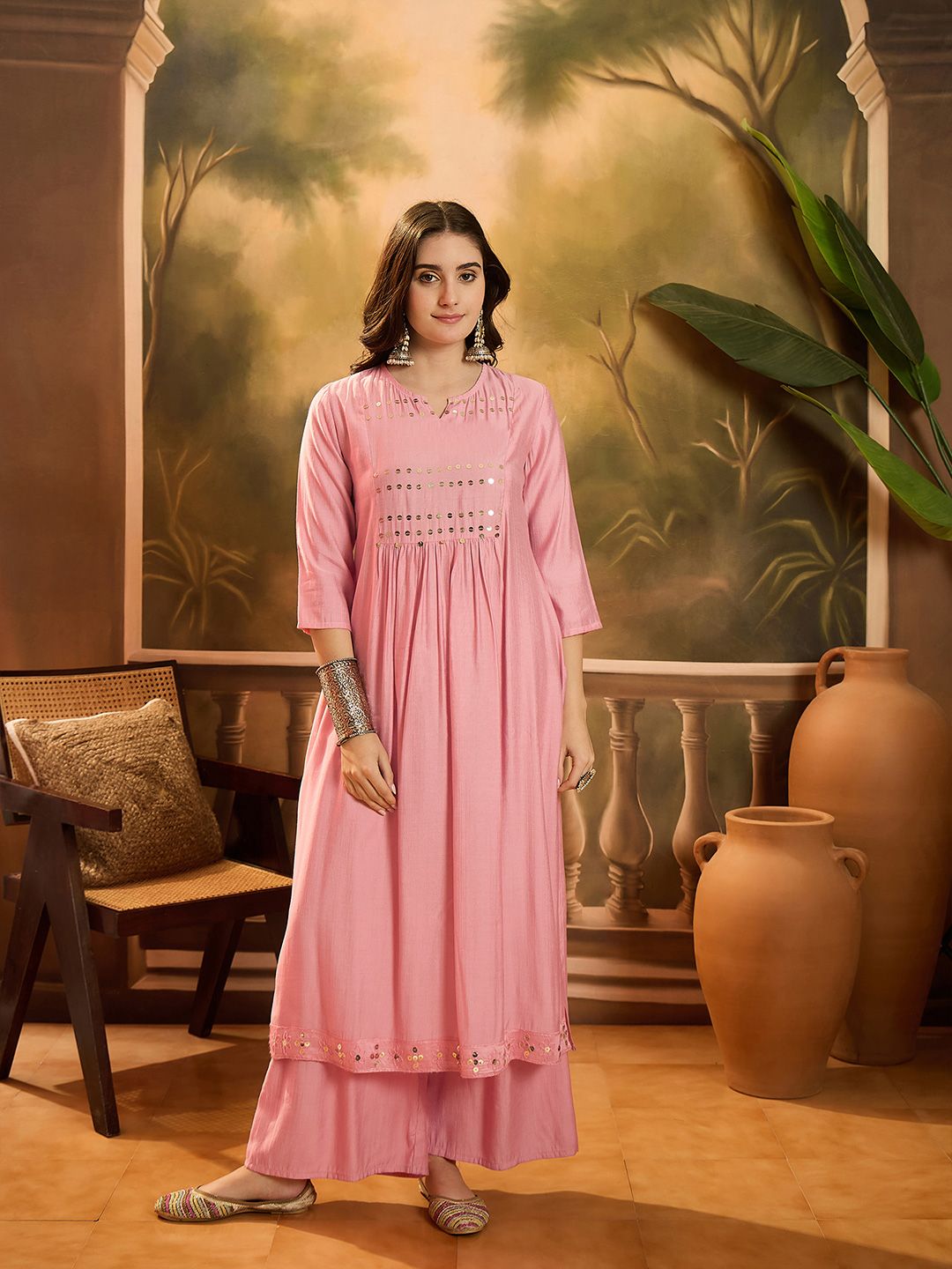 Dhiyona SN Notch Neck Sequinned Empire A-Line Kurta & Palazzo With Dupatta
