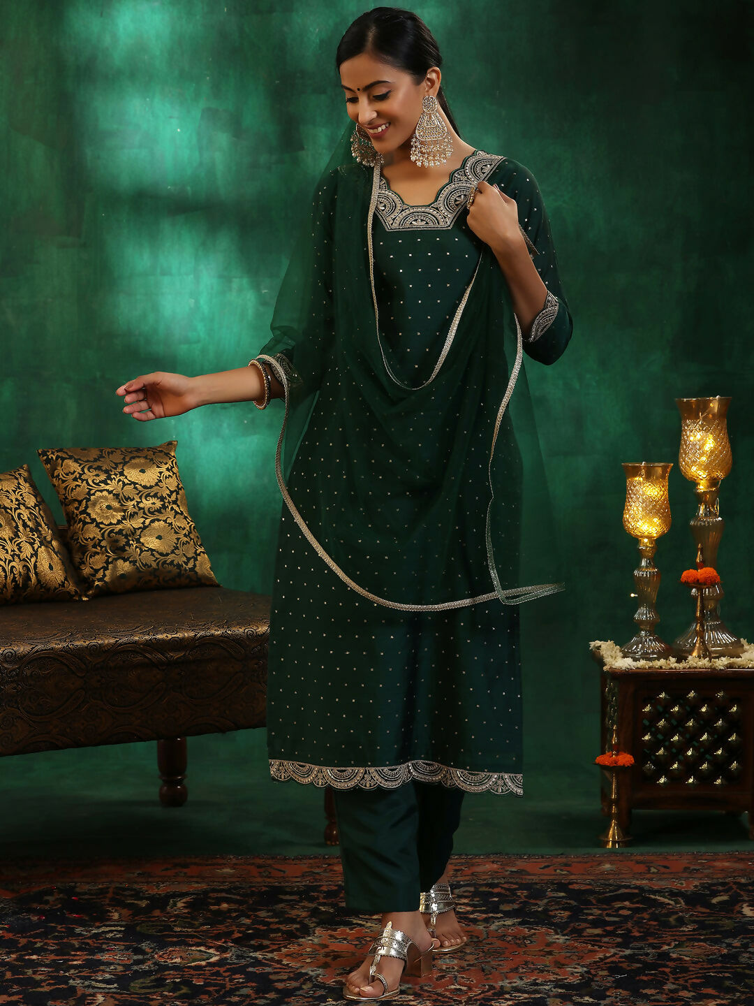 Women's LB Green Self Design Silk blend Straight Suit With Dupatta