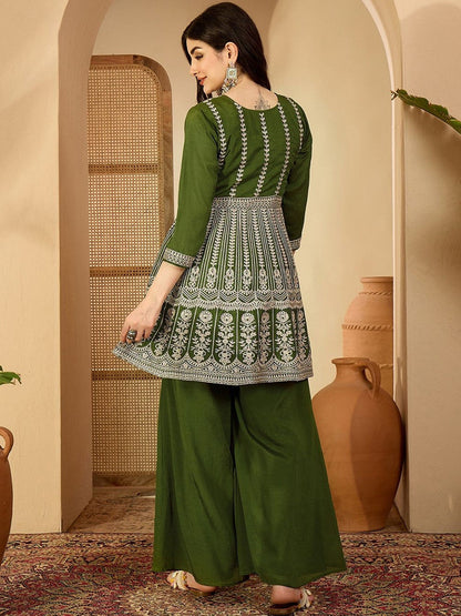 Embroidered V-Neck Straight Kurti & Palazzos Sets