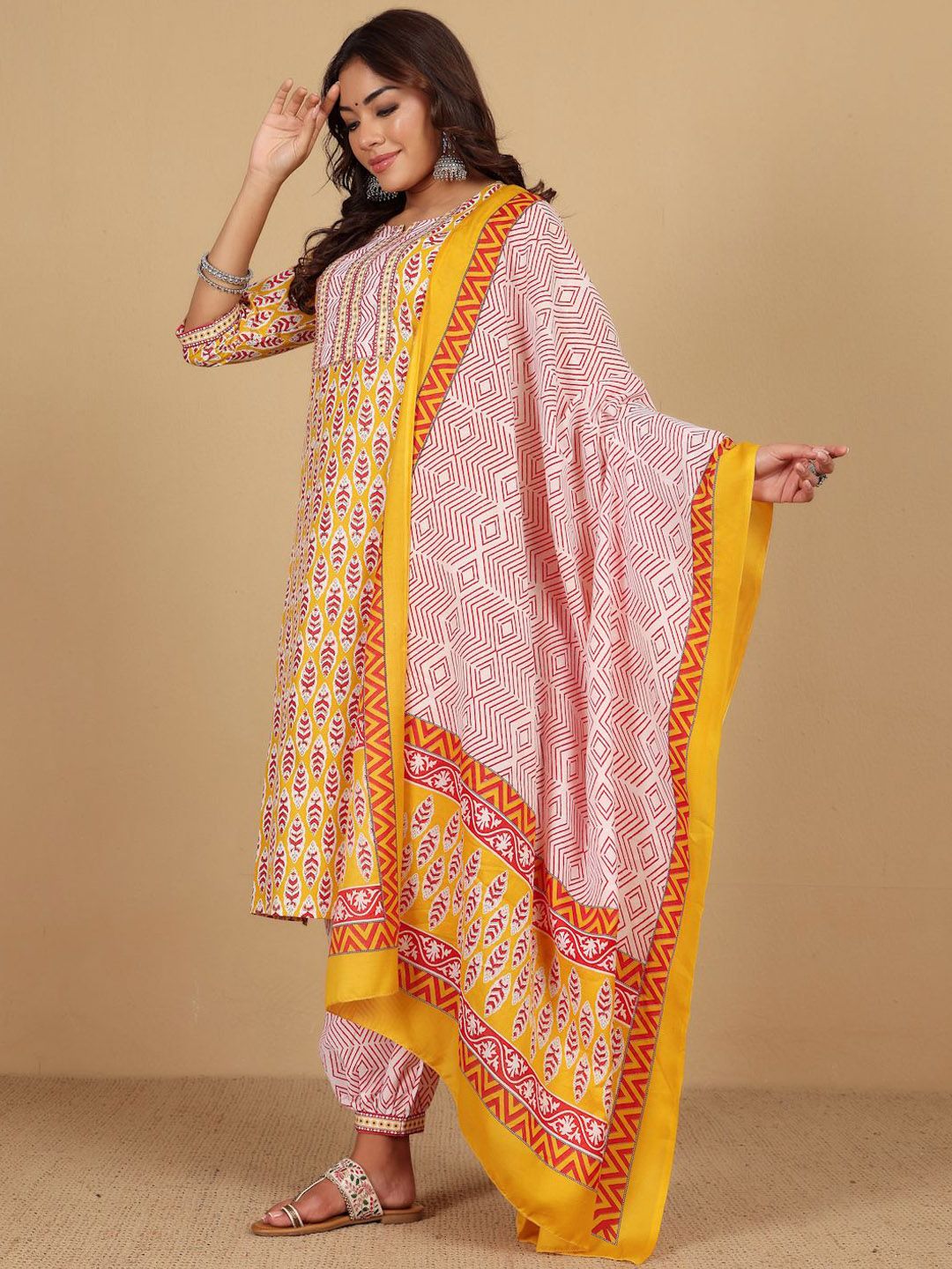 Yellow Floral Printed Notch Neck Straight Kurta With Salwar And Dupatta