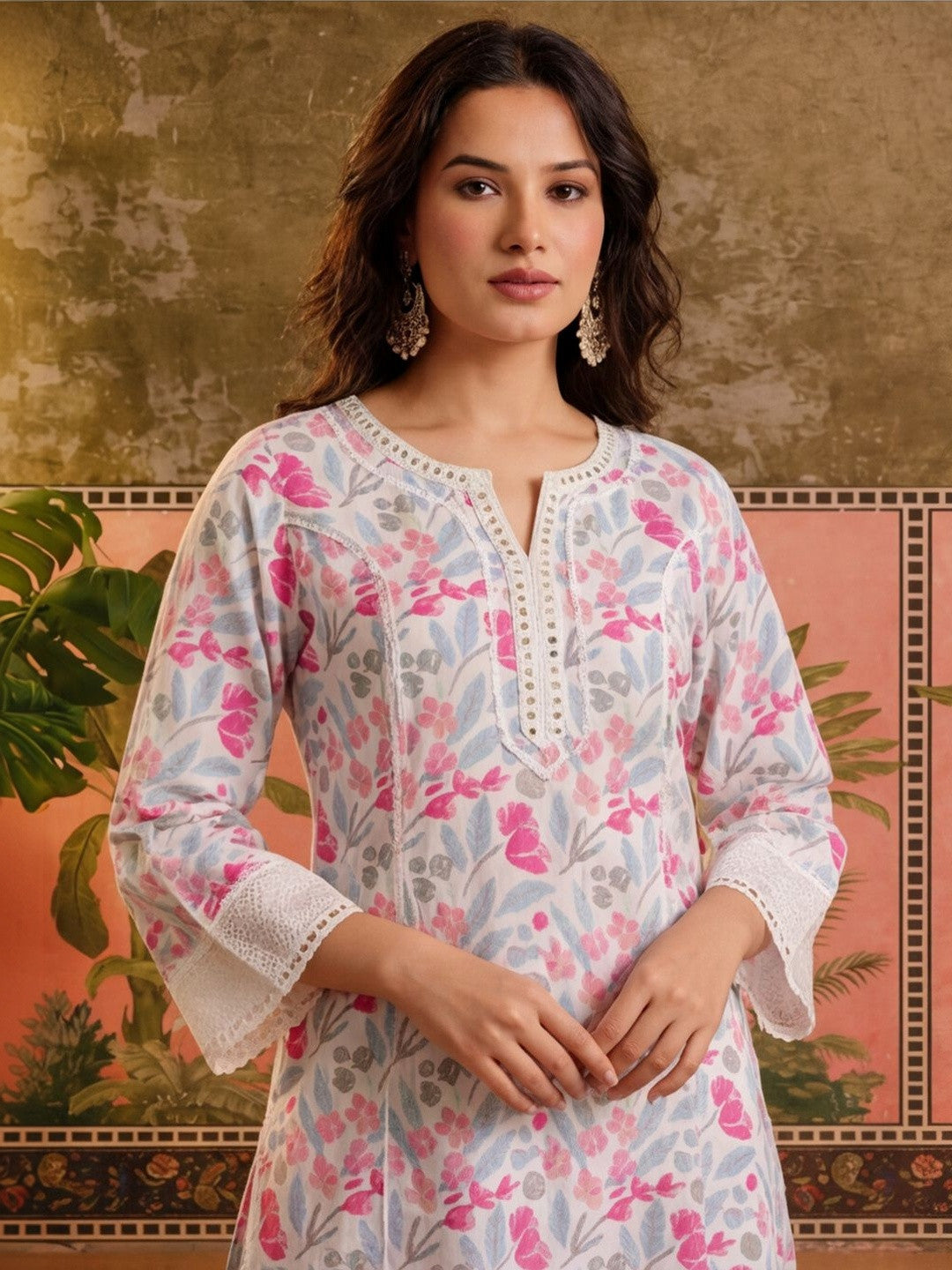 Printed Pure Cotton V-Neck Kurta & Trousers