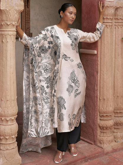 Women's LB Monochrome Printed Silk Blend Straight Suit With Dupatta