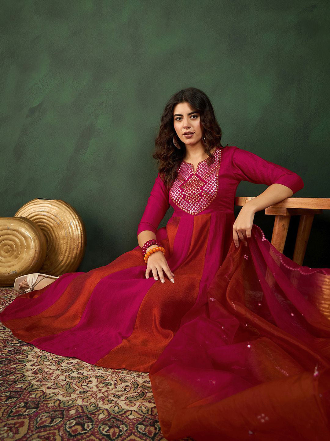 Pink Embroidered Yoke Design Mirror Work A-Line Kurta With Trousers & Dupatta