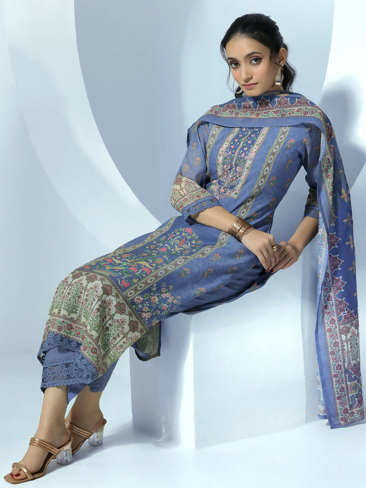 Women's LB Blue Printed Linen Straight Suit With Dupatta